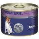 Dosen-Hundefutter mit der Aufschrift "Premiere", das einen Hund zeigt, der sich die Lippen leckt, mit dem Text "100% Frischfleisch" und "Erwachsene."