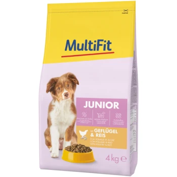 "MultiFit Junior" Hundefutterbeutel, 4 kg, gelb-rosa Design, mit Text über Futter und Reis.