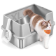 Grau geschlossene Katzentoilette mit Oberöffnung und Vorderklappe; zwei Katzen (eine innen, eine steigt heraus), Schaufel und Matte.