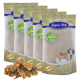 Fünf Beutel Lyra Pet Nature Power Hundeleckerlis, mit einem Haufen Leckerlis davor, mit einem Premium-Qualitätslabel und einer 10-Jahres-Garantie.