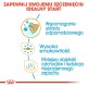 Infografika promująca korzyści z karmy dla zwierząt: wspiera układ odpornościowy, wysoka smakowitość, redukuje objętość i zapach odpadów. Tekst w języku polskim.