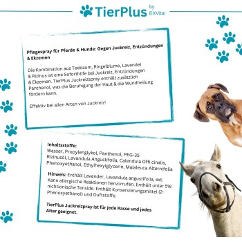 Pflegespray für Pferde & Hunde von TierPlus, gegen Juckreiz, Entzündungen & Ekzeme. Enthält Teebaum, Ringelblume, Lavendel.
