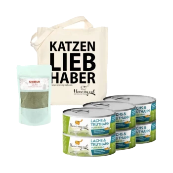 Eine Tragetasche mit "KATZEN LIEB HABER", Shidum Slim Katzenzusatz und sechs Dosen "LACHS & TRUTHAHN" Katzenfutter.
