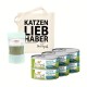 Eine Tragetasche mit "KATZEN LIEB HABER", Shidum Slim Katzenzusatz und sechs Dosen "LACHS & TRUTHAHN" Katzenfutter.