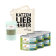 Eine Tragetasche mit "KATZEN LIEB HABER", Shidum Slim Katzenzusatz und sechs Dosen "LACHS & TRUTHAHN" Katzenfutter.