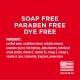 Soap-free, paraben-free, dye-free pet shampoo ingredients listed on a red background, featuring a small American flag and "Made in the USA."