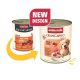 Zwei Dosen Animonda GranCarno Junior Hundefutter, Rind- und Hähnchengeschmack, zeigen altes und neues Design mit "NEUES DESIGN"-Label.