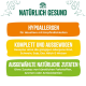 Natürliches Haustierfutteretikett, das hypoallergene, ausgewogene Rezeptur ohne häufige Allergene und natürliche Zutaten ohne Zusatzstoffe hervorhebt.