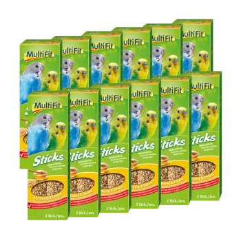 Wystawa 12 pudełek przysmaków dla ptaków Multifit, z kolorowymi papużkami na opakowaniu, oznaczonymi jako "Sticks" z miodem i sezamem.