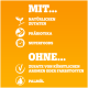 Orange Hintergrund mit weißem Text, der die Qualitäten von Tierfutter hervorhebt: natürliche Zutaten, Präbiotika, Superfoods, keine künstlichen Aromen oder Palmöl.