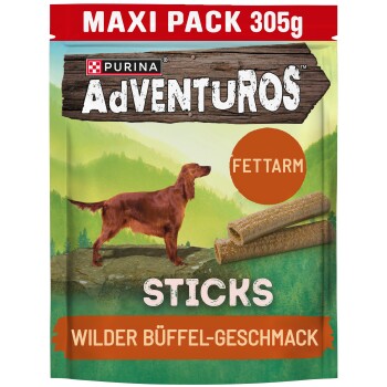 Purina Adventuros Hundesnack-Sticks mit Wild-Büffelgeschmack, fettarm, 305g Maxi-Pack, mit braunem Hund und Snack-Sticks.