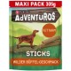 Purina Adventuros Hundesnack-Sticks mit Wild-Büffelgeschmack, fettarm, 305g Maxi-Pack, mit braunem Hund und Snack-Sticks.