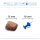 'PELLETGRÖSSE' Überschrift mit 13 mm braunem Tierpellet (links) und 10 mm blauer Reißzwecke (rechts), zeigt Größenvergleich