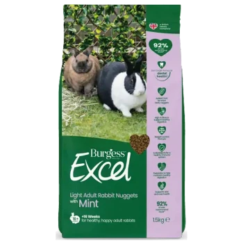 Burgess Excel Light Adult Rabbit Nuggets with Mint, 1.5kg bag, featuring two rabbits on grass, highlighting 92% ingredients for dental health.