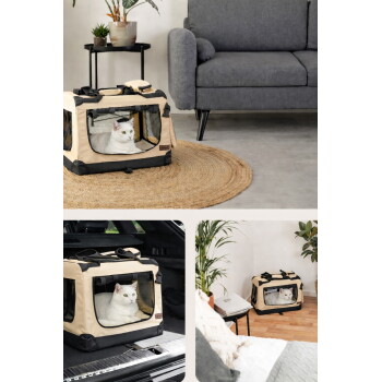 Beiger Weichträger mit Netzfenstern, in dem eine weiße Katze sitzt; gezeigt im Wohnzimmer, im Kofferraum und im Schlafzimmer.