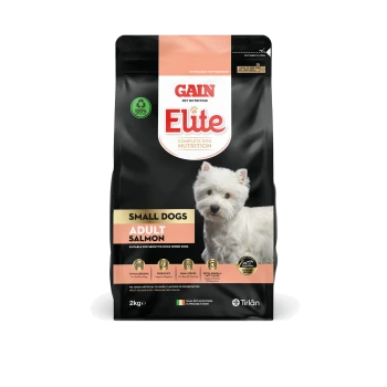 Gain Elite Complete Dog Nutrition for small dogs, 2kg bag, featuring adult salmon formula and a white dog image.