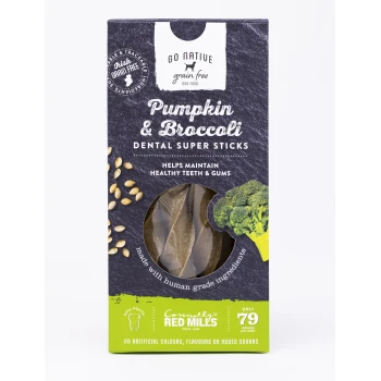 Grain-free dog food package featuring "Pumpkin & Broccoli Dental Super Sticks," promoting healthy teeth and gums, with human-grade ingredients.