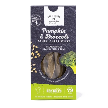 Grain-free dog food package featuring "Pumpkin & Broccoli Dental Super Sticks," promoting healthy teeth and gums, with human-grade ingredients.