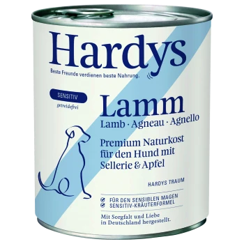 Dose Hardys Sensitiv getreidefreies Lamm-Hundefutter mit Sellerie und Apfel, deutscher Text, blau-weißes Etikett.