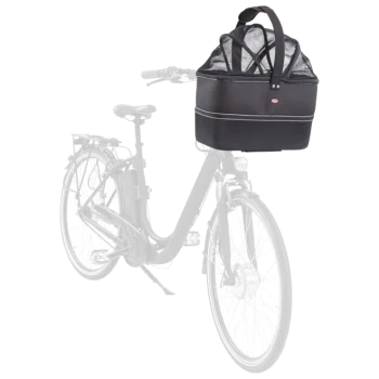 Schwarze Haustiertragetasche mit Netzoberseite, entworfen für Fahrräder, über einer schwachen Umrisslinie eines Fahrrads gezeigt.