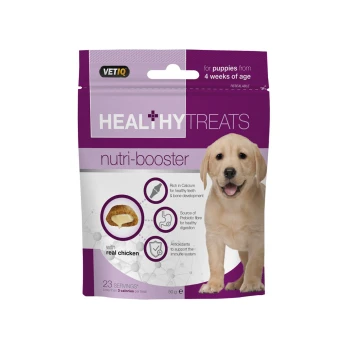 VETIQ Healthy Treats Nutri-Booster for puppies, featuring a Labrador puppy and benefits like calcium, prebiotic fiber, and antioxidants.