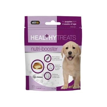 VETIQ Healthy Treats Nutri-Booster for puppies, featuring a Labrador puppy and benefits like calcium, prebiotic fiber, and antioxidants.