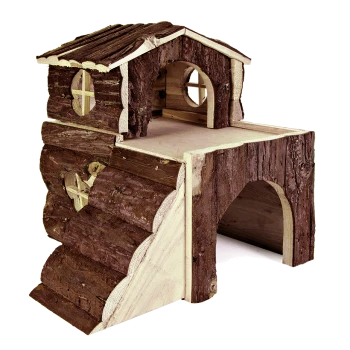 Holzhaustierhaus mit einem geneigten Dach, mehreren Ebenen und runden Fenstern, entworfen für kleine Tiere.