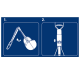 Instructions for a pet waste scooper, showing two steps: 1. Moving the handle to scoop waste, 2. Releasing waste with a lever.