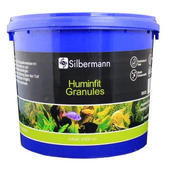 Blauer Behälter mit Silbermann Huminfitt Granulat für Aquarien, beschriftet mit Vorteilen und Inhalten, mit einem Fassungsvermögen von 5000 ml.