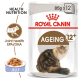 Royal Canin Ageing 12+ cat food packaging featuring a fluffy cat illustration, with text highlighting joint health and EPA/DHA benefits.