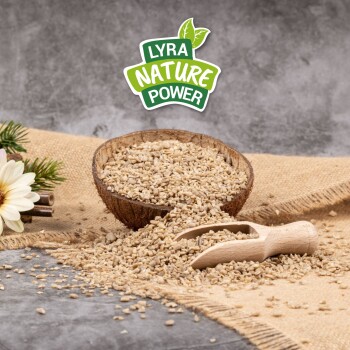 Eine Holzschüssel mit Körnern auf Jute, mit verschütteten Körnern und einem Schaufel in der Nähe, zeigt den Text "LYRA NATURE POWER" darüber.