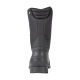 Schwarze wasserdichte Haustierstiefel mit einer strukturierten Sohle und gepolstertem Kragen, von hinten betrachtet.