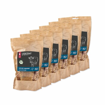 Sechs Kraft-Papiertüten Liebesgut Bio-Rind Hundesnacks mit Kuhillustration und BIO-Siegel