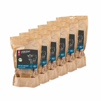 Sechs Kraft-Papiertüten Liebesgut Bio-Rind Hundesnacks mit Kuhillustration und BIO-Siegel