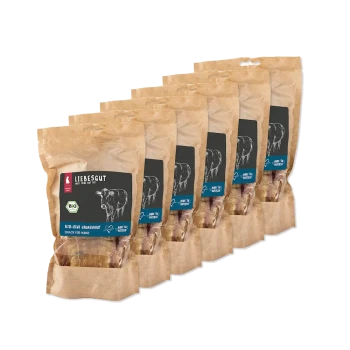 Sechs Kraft-Papiertüten Liebesgut Bio-Rind Hundesnacks mit Kuhillustration und BIO-Siegel