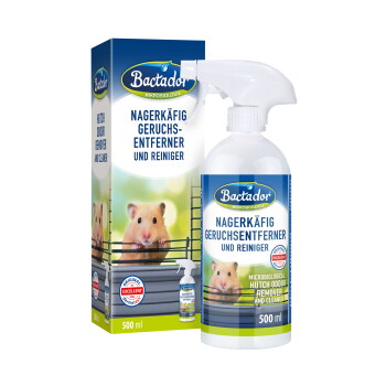 Bactador 500-ml-Spray und -Schachtel für Hamsterkäfige, Aufschrift 'NAGERKÄFIG GERUCHSENTFERNER UND REINIGER' mit Hamsterfoto.