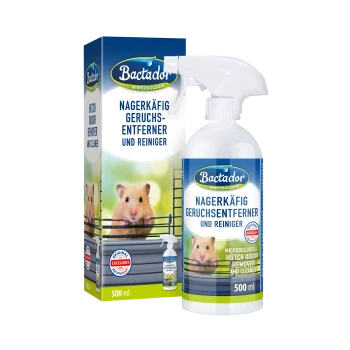 Bactador 500-ml-Spray und -Schachtel für Hamsterkäfige, Aufschrift 'NAGERKÄFIG GERUCHSENTFERNER UND REINIGER' mit Hamsterfoto.