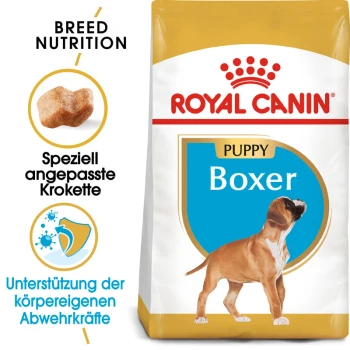Boxer Puppy 12 kg Royal Canin Welpen Boxer Hundefutterbeutel mit einer Illustration eines Boxer-Welpen, mit Text, der die rassespezifische Ernährung und die Unterstützung des Immunsystems hervorhebt.