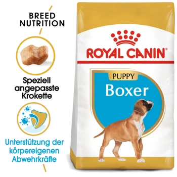 Royal Canin Welpen Boxer Hundefutterbeutel mit einer Illustration eines Boxer-Welpen, mit Text, der die rassespezifische Ernährung und die Unterstützung des Immunsystems hervorhebt.