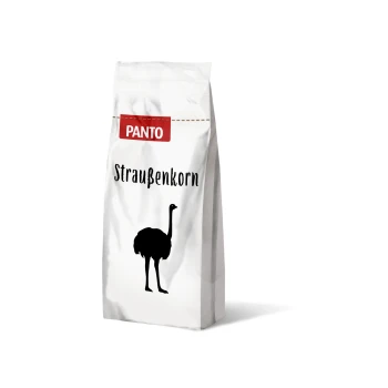 Weiße Tasche mit der Aufschrift "PANTO Straußenkorn" mit einer schwarzen Silhouette eines Straußes.
