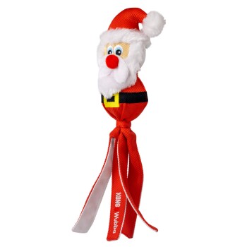 Santa Claus themed KONG Wubba dog toy with red fabric and white beard on a white background.