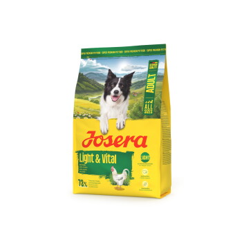 Josera Light & Vital Hundefutterbeutel für erwachsene Hunde mit schwarz-weißem Hund, Hühnerbild und Text "Deutsche Qualität", "Alle Größen" und "72% tierisches Protein."