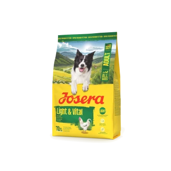 Josera Light & Vital Hundefutterbeutel für erwachsene Hunde mit schwarz-weißem Hund, Hühnerbild und Text "Deutsche Qualität", "Alle Größen" und "72% tierisches Protein."