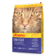 Eine Tüte Josera DailyCat Haustierfutter mit einem Katzenkopf, gelber und blauer Verpackung, beschriftet als getreidefrei und leicht verdaulich für erwachsene Katzen.