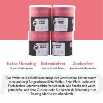 Rosa und schwarzer "KLEINES RINDERZ-VOUS" Behälter von ALPHAZOO, mit Rindfleisch-, Himbeer- und Spinat-Hundeleckereien, bewertet mit "Sehr Gut."