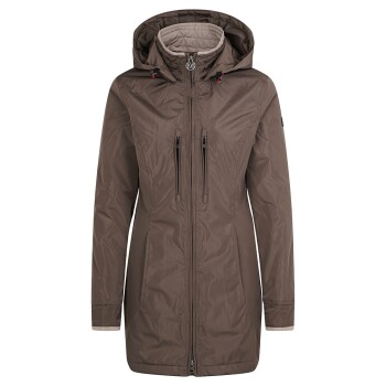 Eine braune, kapuzenlose Damenjacke mit Reißverschluss und zwei Reißverschlusstaschen, vor einem weißen Hintergrund präsentiert.