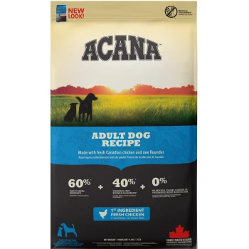 ACANA Adult Dog Recipe Hundefutterbeutel mit frischem kanadischen Huhn und rohem Flunder, mit 60% tierischen Zutaten und 40% Gemüse.