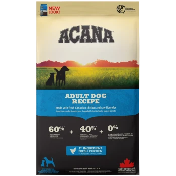 Sac de nourriture pour chien ACANA Adult Dog Recipe mettant en avant du poulet canadien frais et de la plie crue, avec 60 % d'ingrédients d'origine animale et 40 % de légumes.