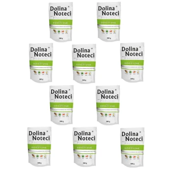 Premium Adult bogata w dziczyznę saszetka 10x500 g Dziewięć torebek karmy dla psów Dolina Noteci, oznaczonych "Dzikie" i ważących po 500g, ułożonych w wzór siatki.