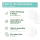 Pads für die Ohrenhygiene mit Text, der sanfte Reinigung, Unterstützung für das Wohlbefinden, tägliche Anwendung und Eignung für alle Altersgruppen hervorhebt.